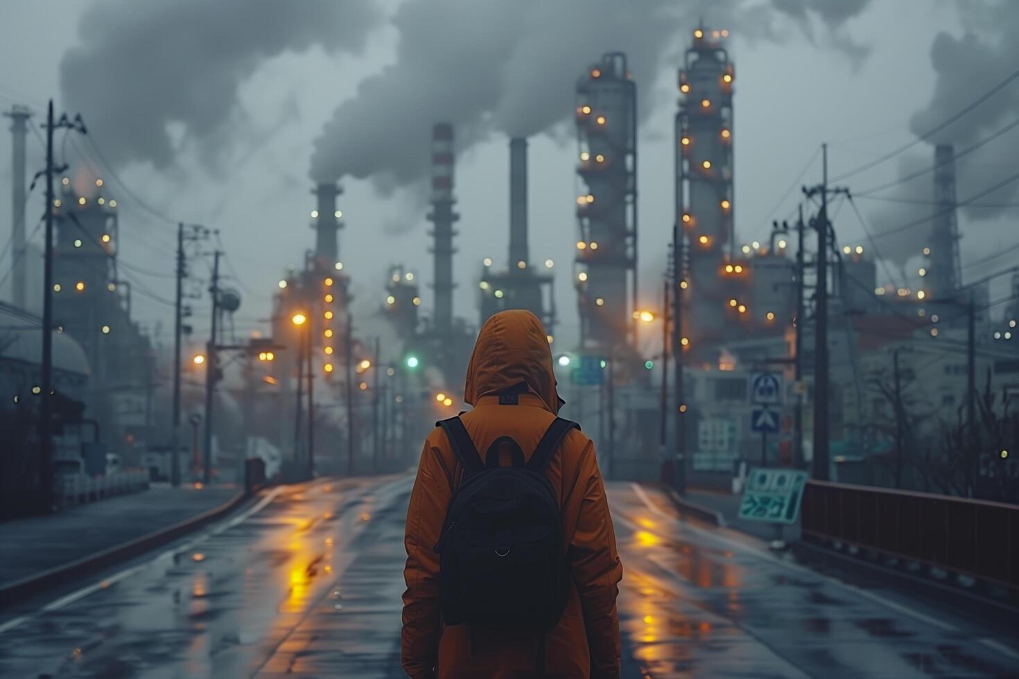 A person standing with his back looking at the industry that pollutes the atmosphere. Climate change concept photo