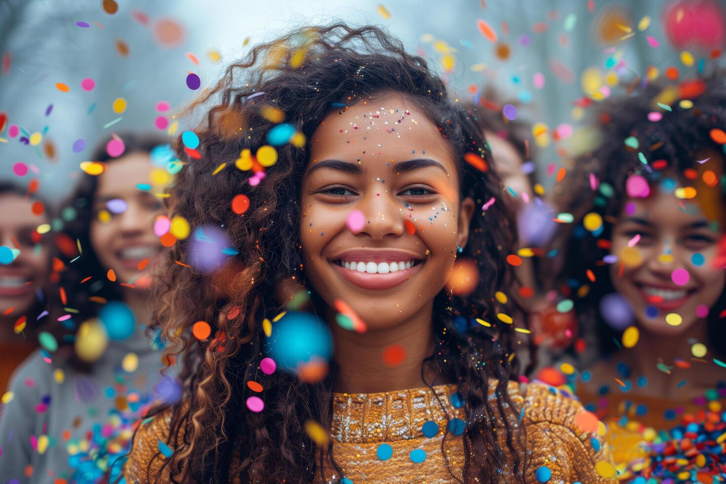 African American smiling teenage girl on crowd background dances on the street surrounded by the festive atmosphere of a carnival and festival photo