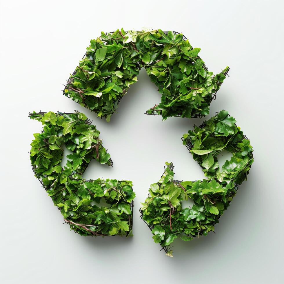Arrows pointing to green recycle symbol on a white background, curvilinear shapes, associated press photo