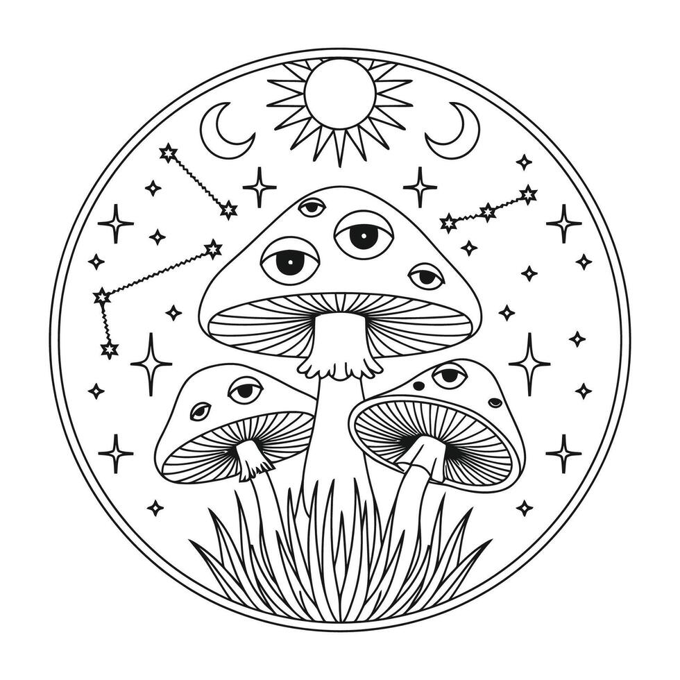 Mushrooms with eyes under celestial sky in black and white illustration vector