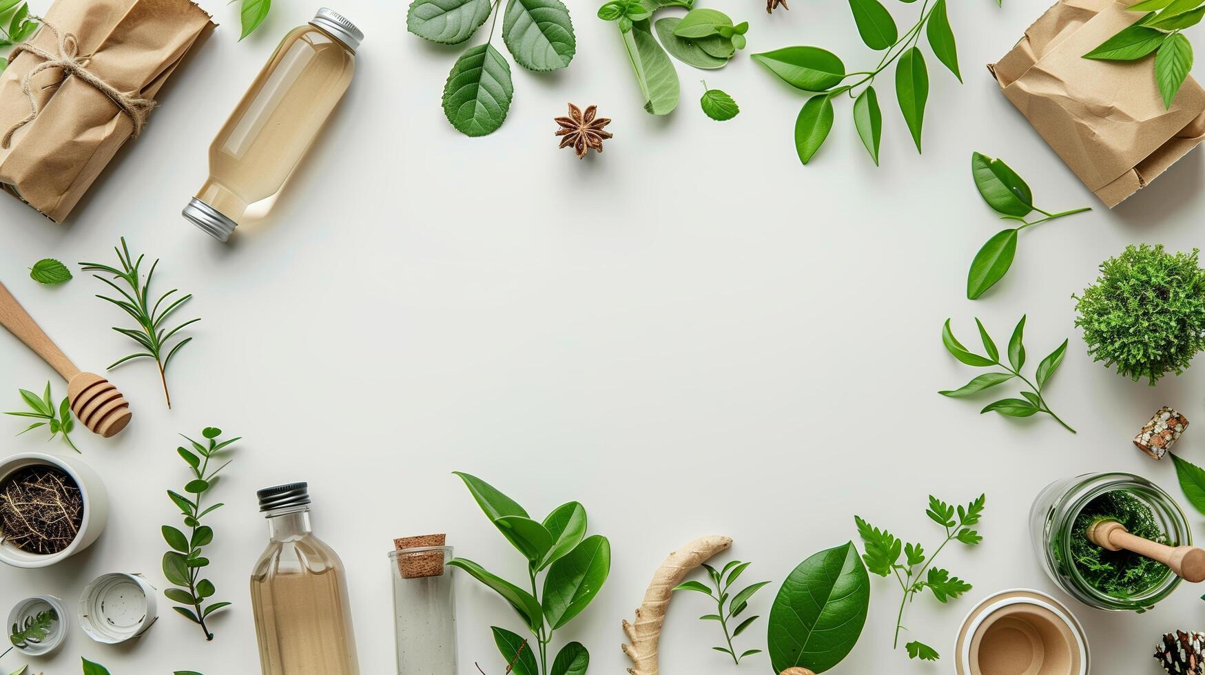 Eco friendly concept, clean and ecological products around copy space, flat lay photo