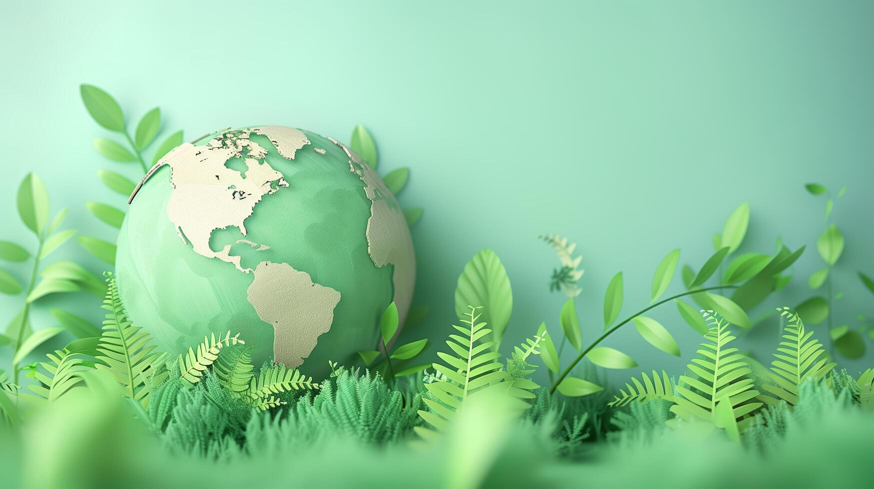 3d rendering Paper illustration of a green planet around plants and clean ecology photo