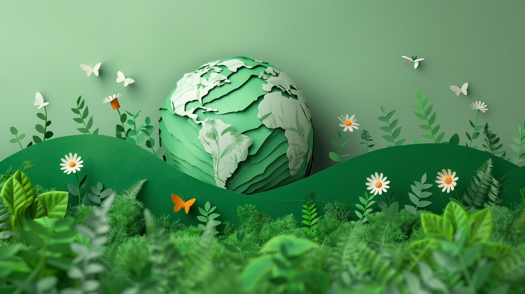 3d rendering Paper illustration of a green planet around plants and clean ecology photo