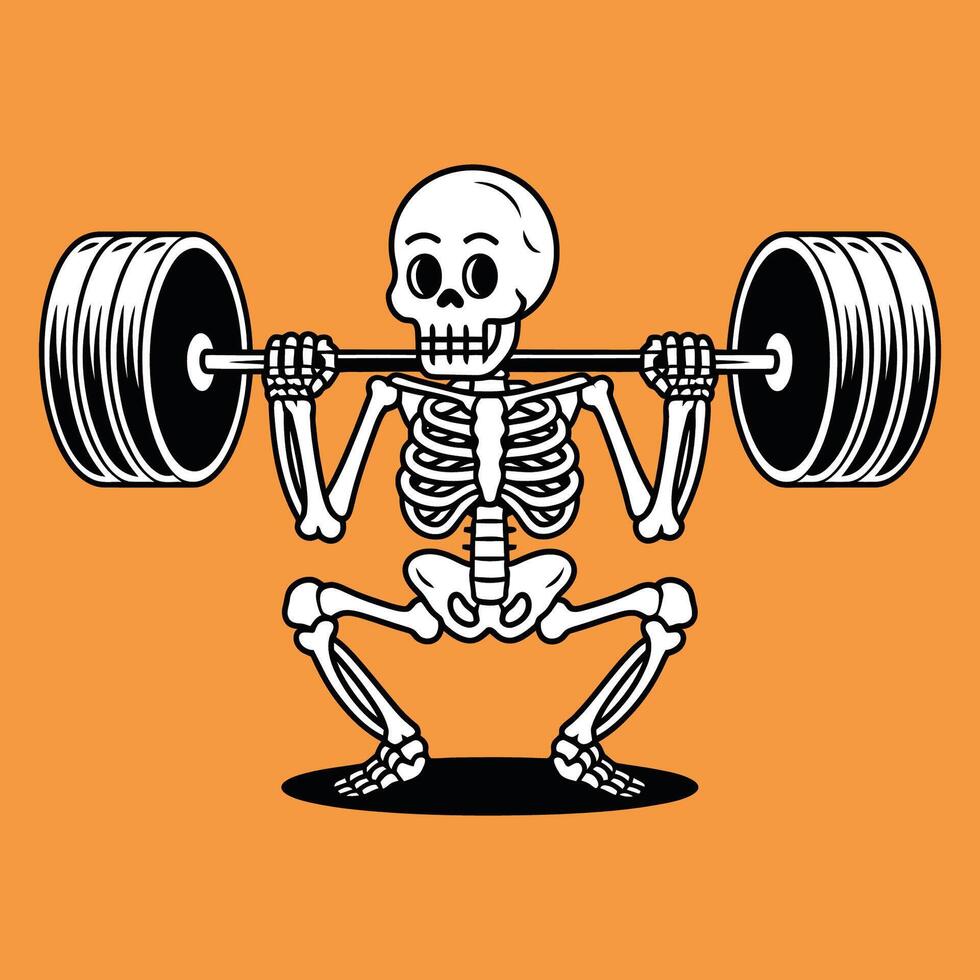 Skeleton Weightlifting with Barbell on Orange Background vector