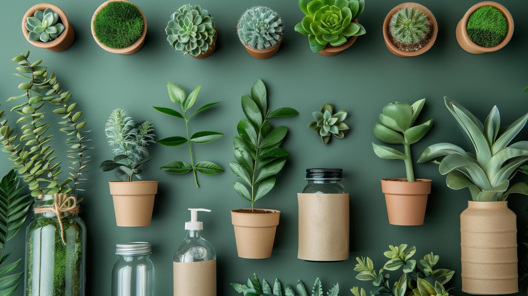 Eco friendly concept, pots with plants, paper and glass on green background with copy space photo