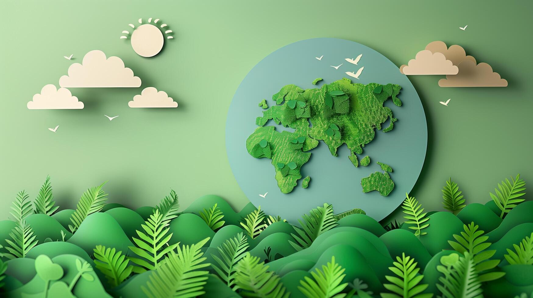 3d rendering Paper illustration of a green planet around plants and clean ecology photo