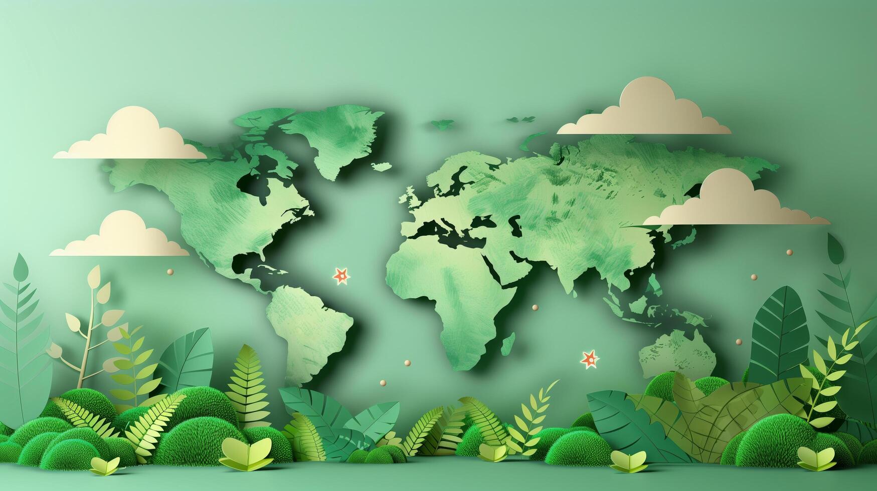 3d rendering Paper illustration of a green planet around plants and clean ecology photo