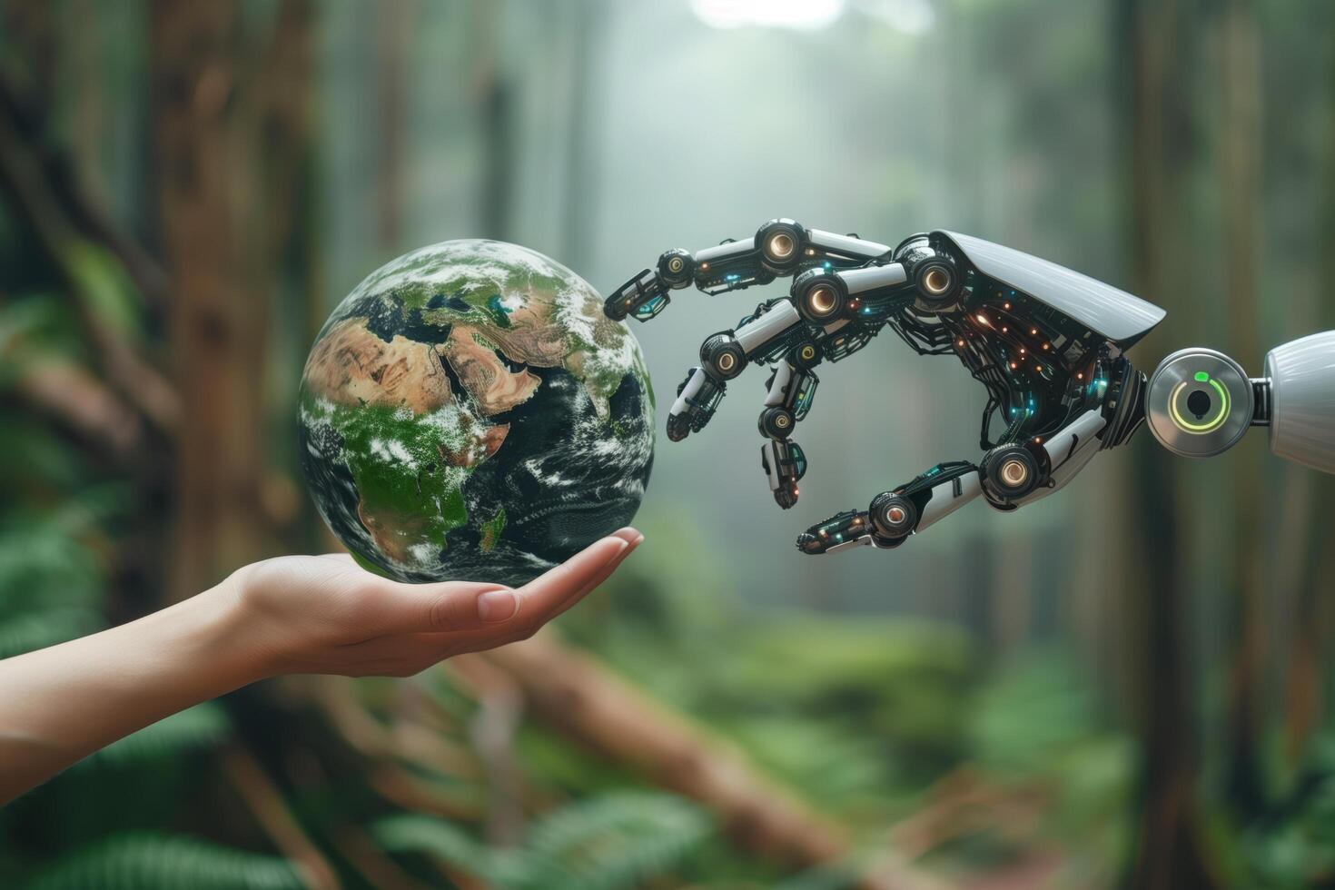 Human hand and robot hand touching a Globe environmentally sustainable. AI concept photo