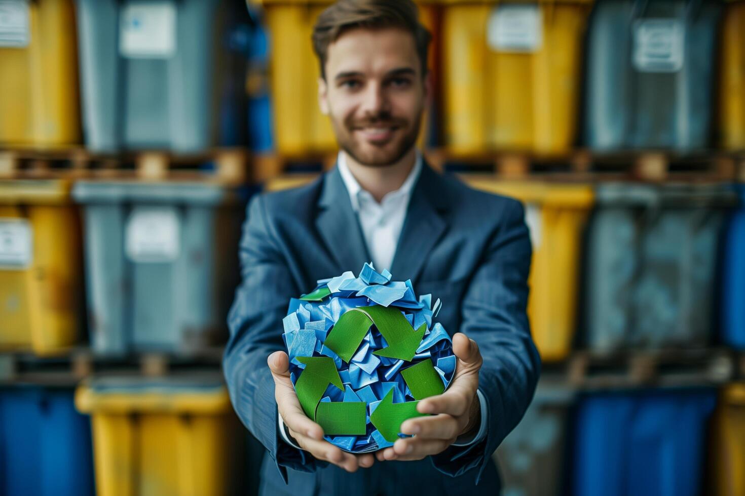 Happy owner of a recycling business holding a recycling sign against a background of garbage containers photo