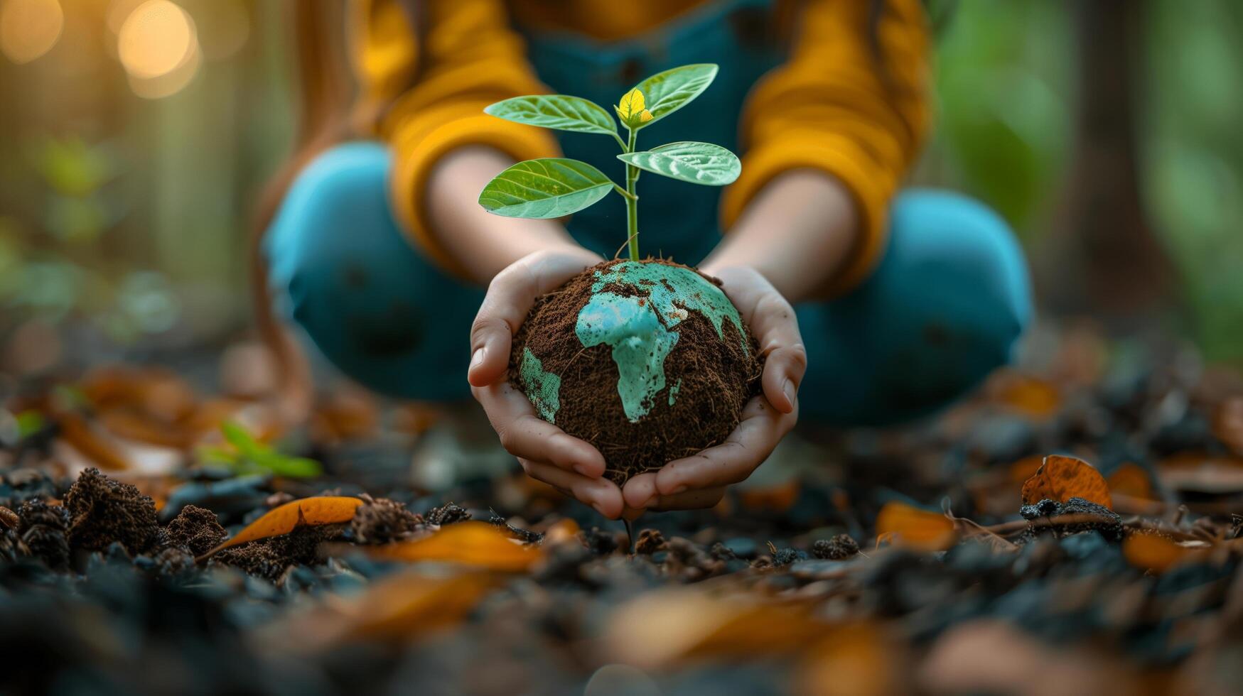 A child's hands holding a globe made of earth on which a plant grows - the concept of earth day photo
