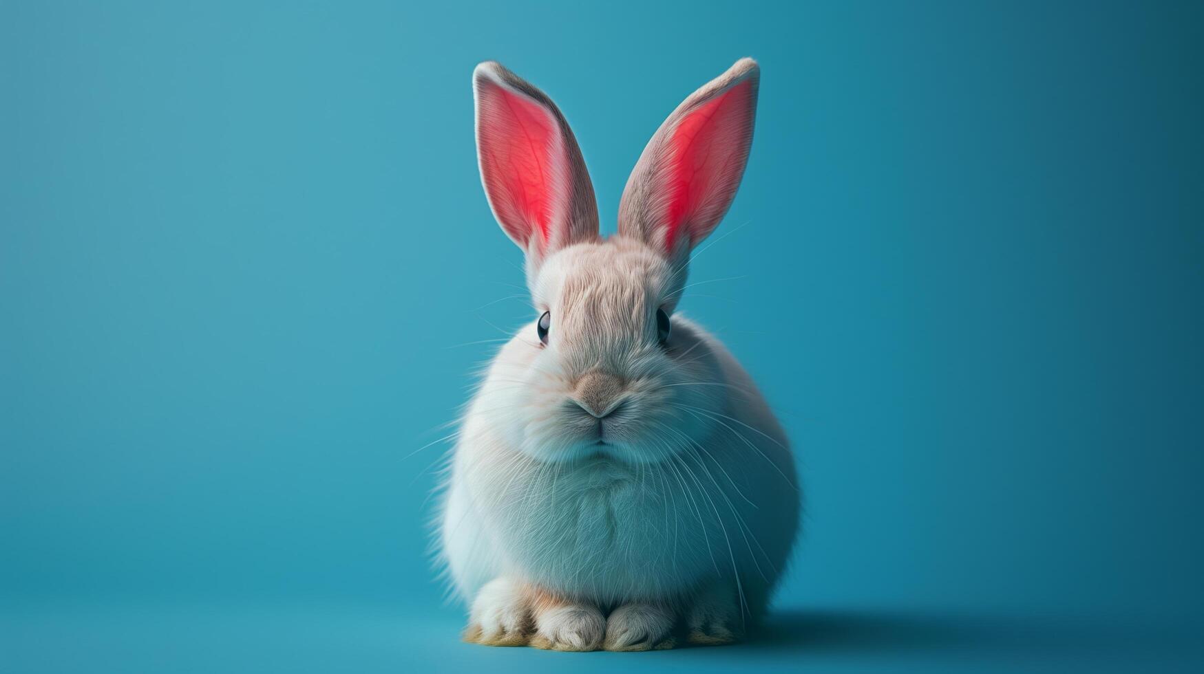 Easter white bunny with pink ears in studio on blue background with copy space photo