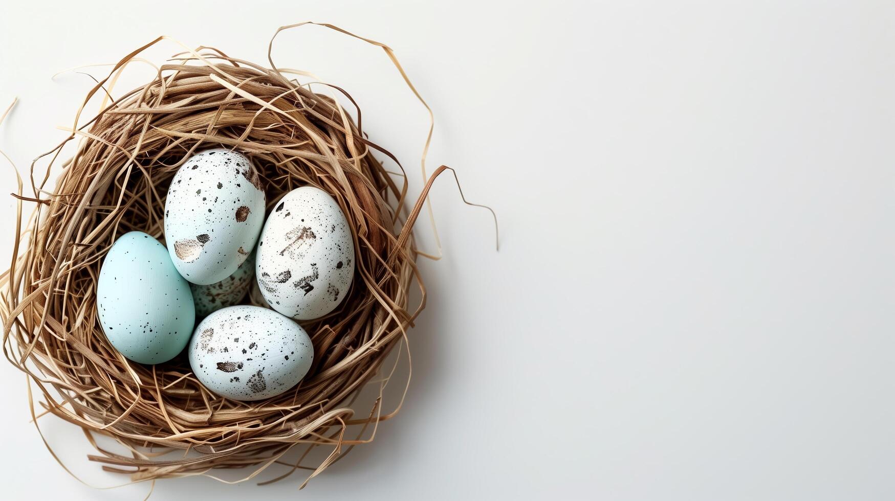 Easter holiday banner greeting card with pastel painted eggs in bird nest on white backround photo