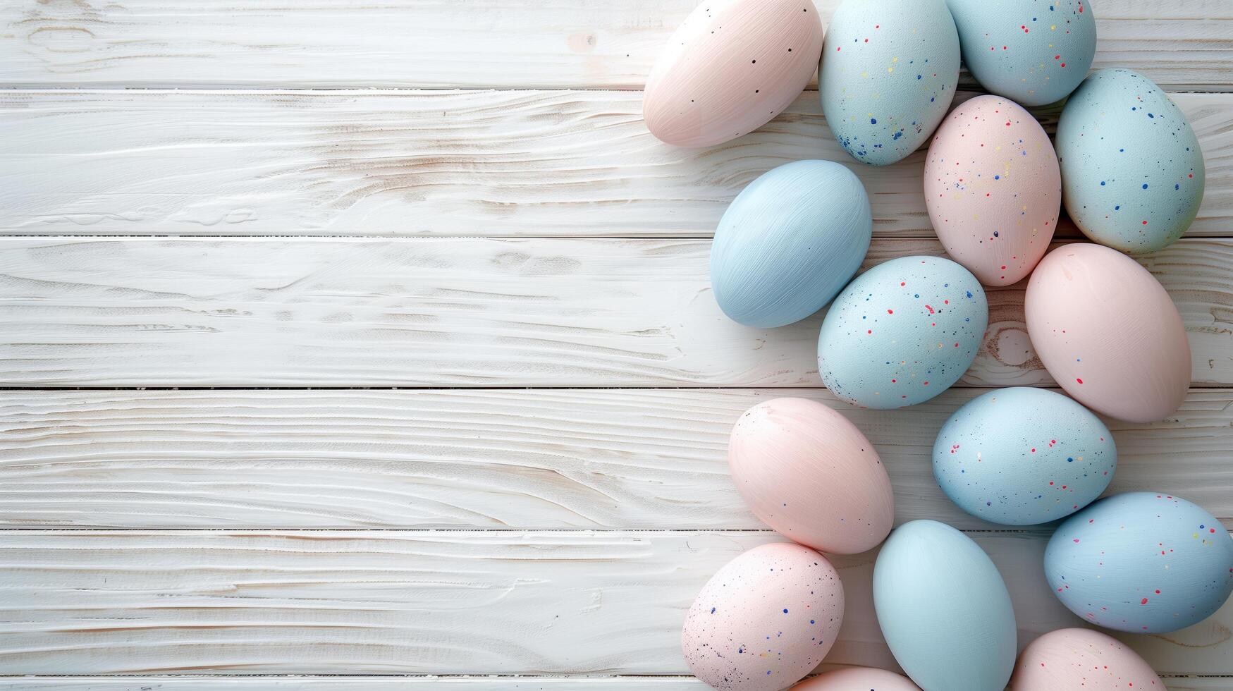 Happy Easter holiday background with colorful pastel eggs on white wooden table, top view, copy space photo
