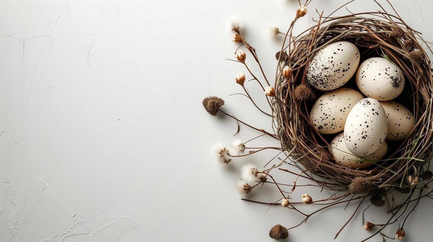 Easter holiday banner greeting card with pastel painted eggs in bird nest on white stone backround photo