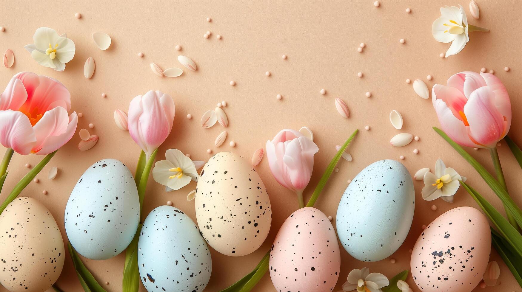 Easter pastel colored eggs with spring flowers on beige paper background, copy space, top view photo