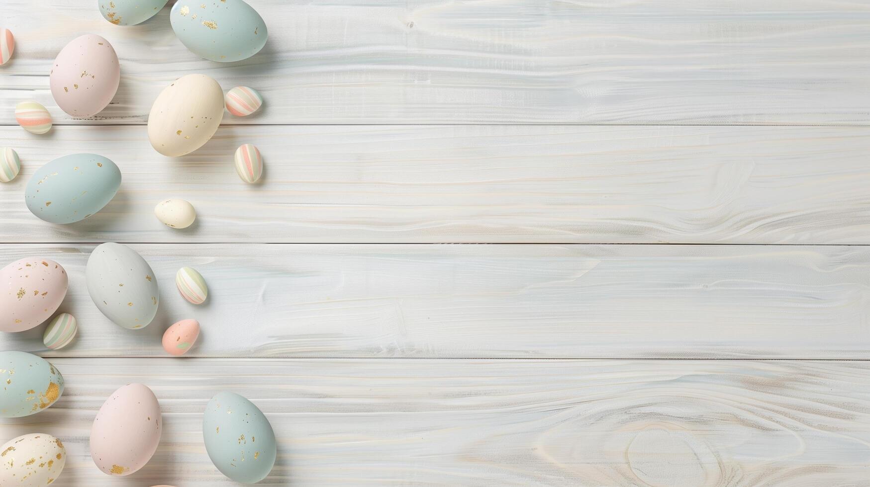 Happy Easter holiday background with colorful pastel eggs on white wooden table, top view, copy space photo