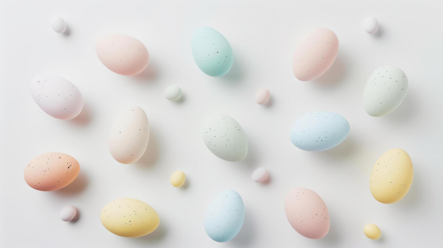 Happy Easter holiday background with colorful pastel eggs on white paper, top view photo