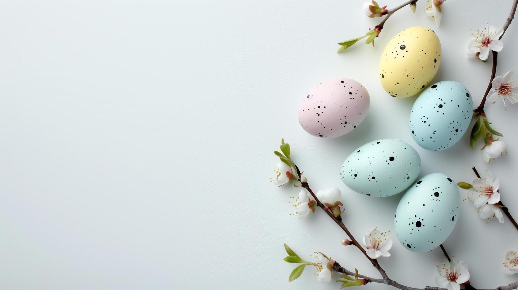 Easter pastel colored eggs with spring flowers on white background, copy space, top view photo