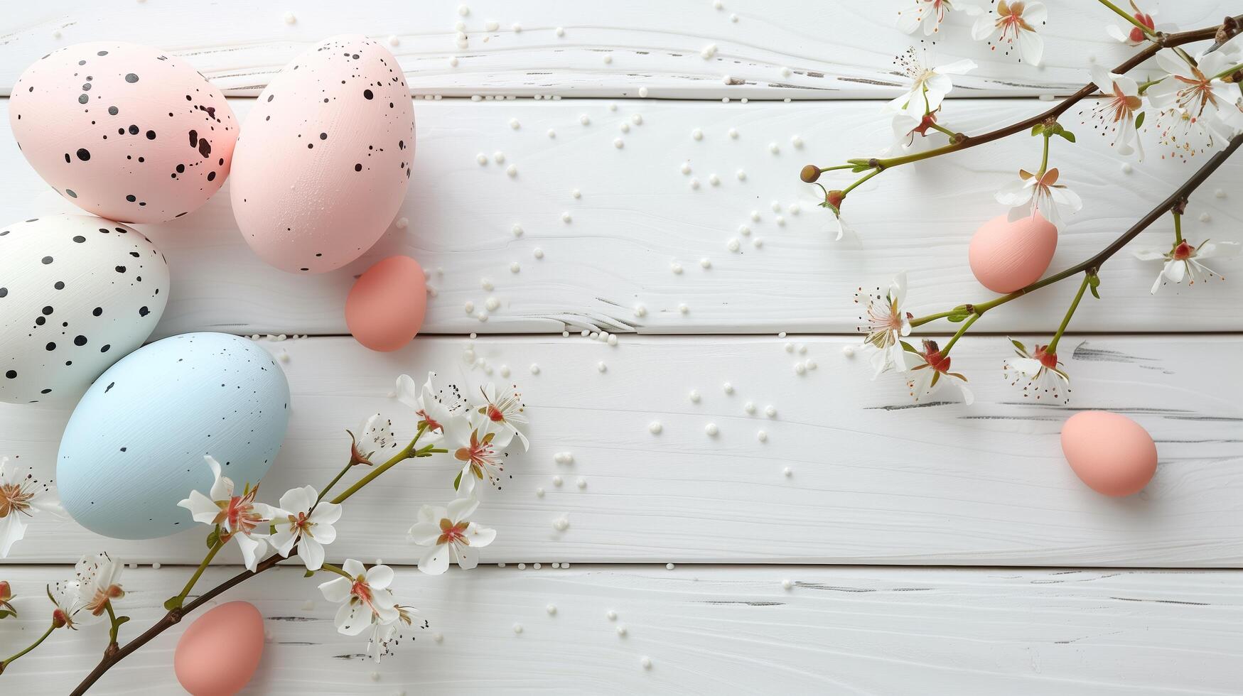 Easter pastel eggs with spring flowers on pastel wooden white background with copy space, top view photo