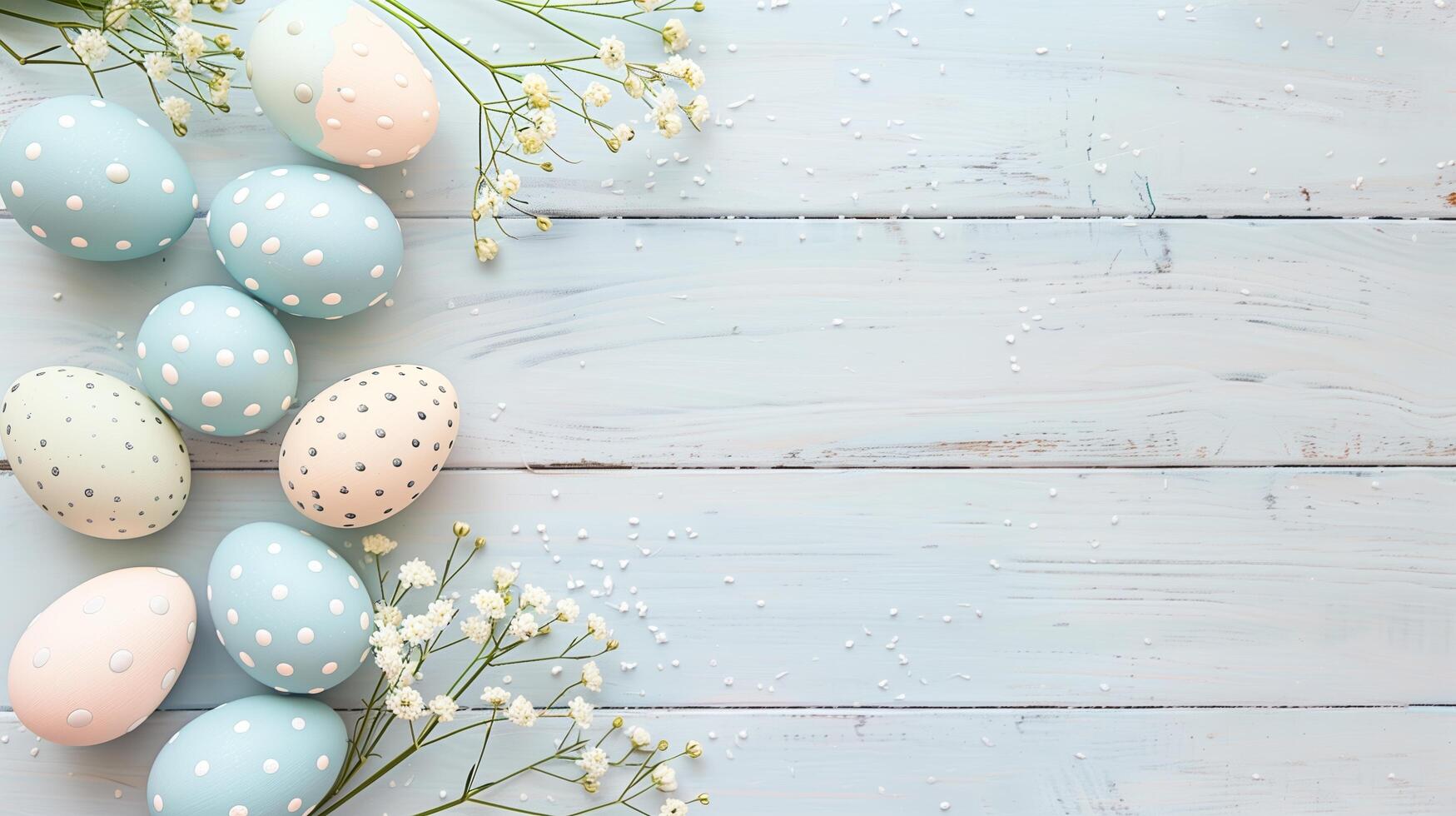 Easter pastel eggs with spring flowers on pastel wooden blue background with copy space, top view photo