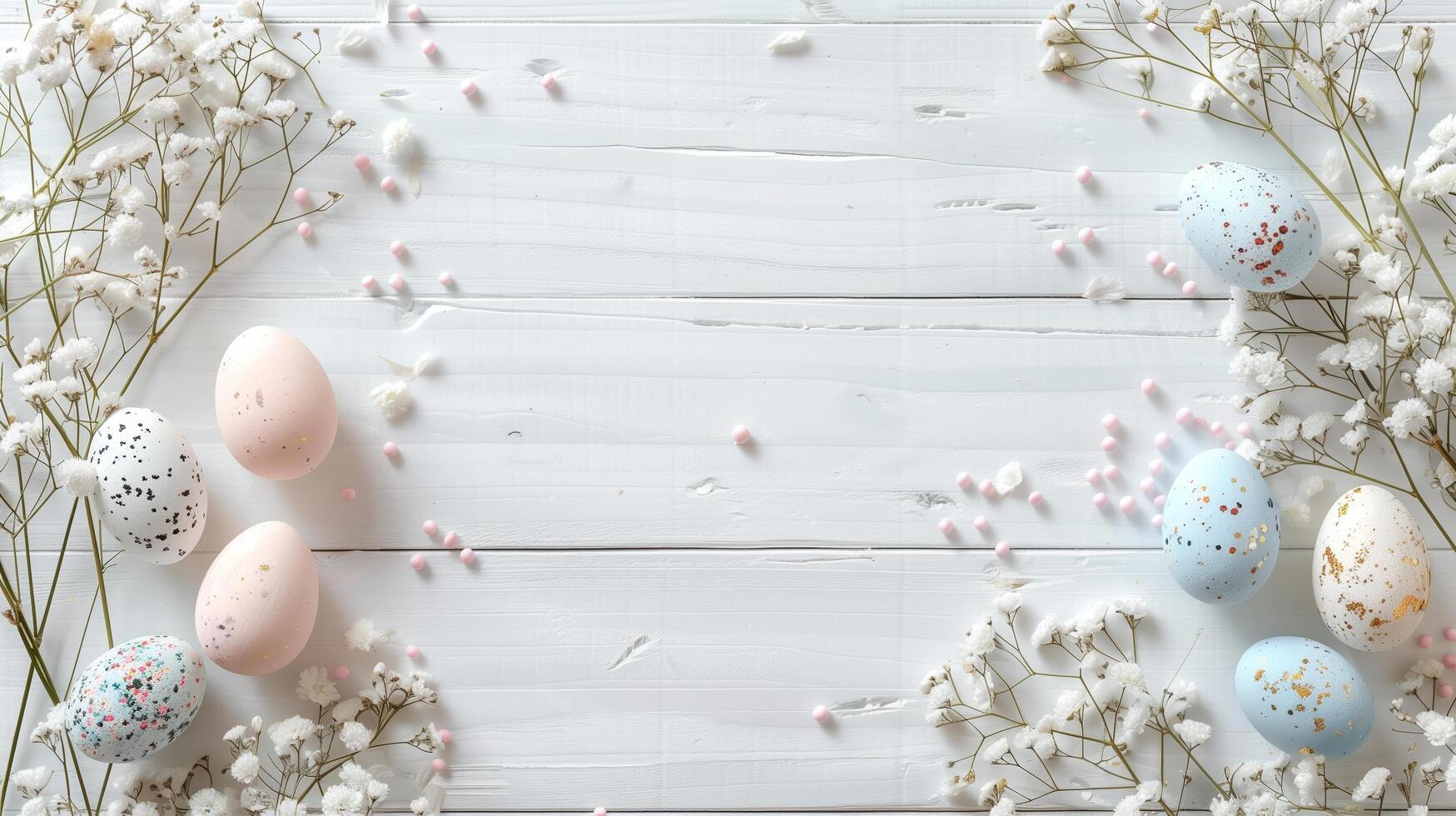Easter pastel eggs with spring flowers on pastel wooden white background with copy space, top view photo
