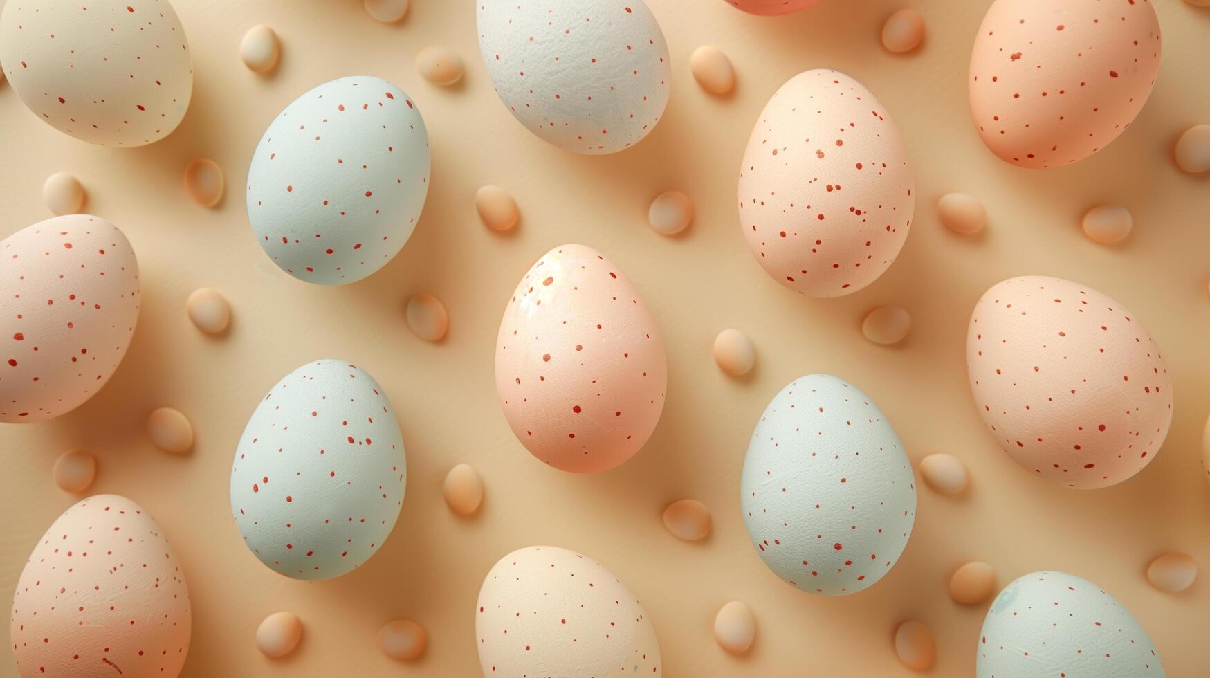 Happy Easter holiday background with colorful pastel eggs on beige paper, top view, copy space photo
