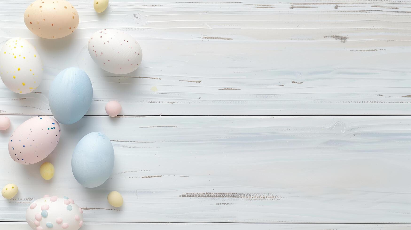 Happy Easter holiday background with colorful pastel eggs on white wooden table, top view, copy space photo