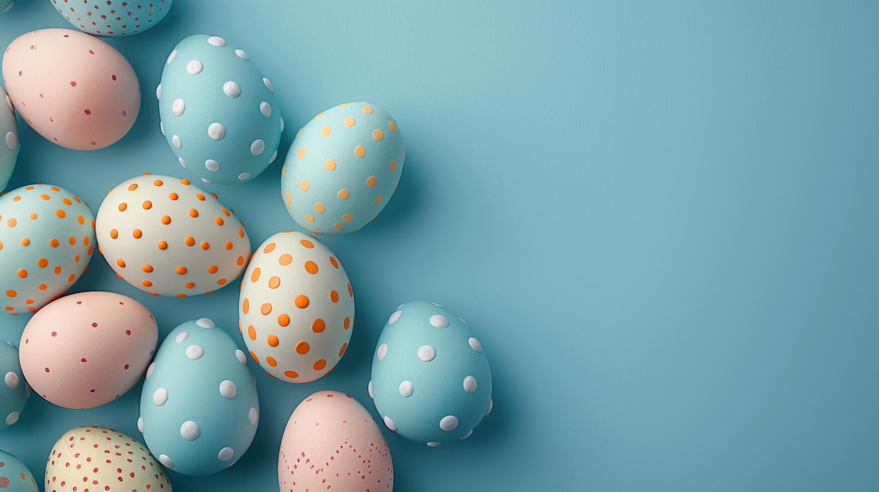 Happy Easter holiday background with colorful pastel eggs on blue paper, top view, copy space photo