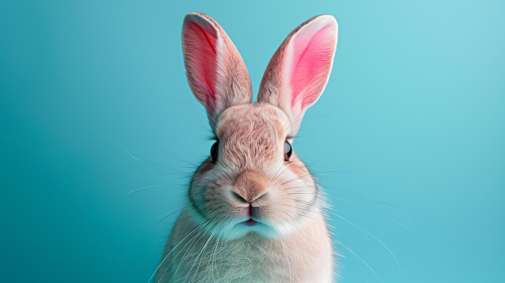 Easter white bunny with pink ears in studio on blue background with copy space photo