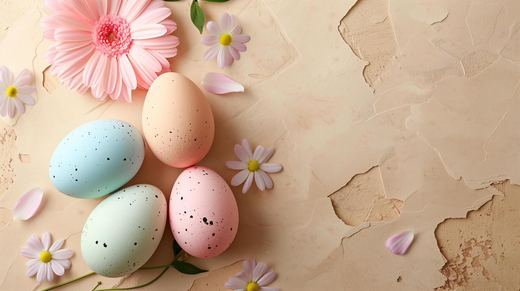 Easter pastel colored eggs with spring flowers on beige paper background, copy space, top view photo