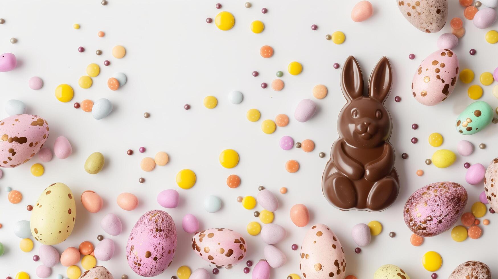 Easter composition - chocolate bunny, colored eggs and candies on white paper background, top view photo