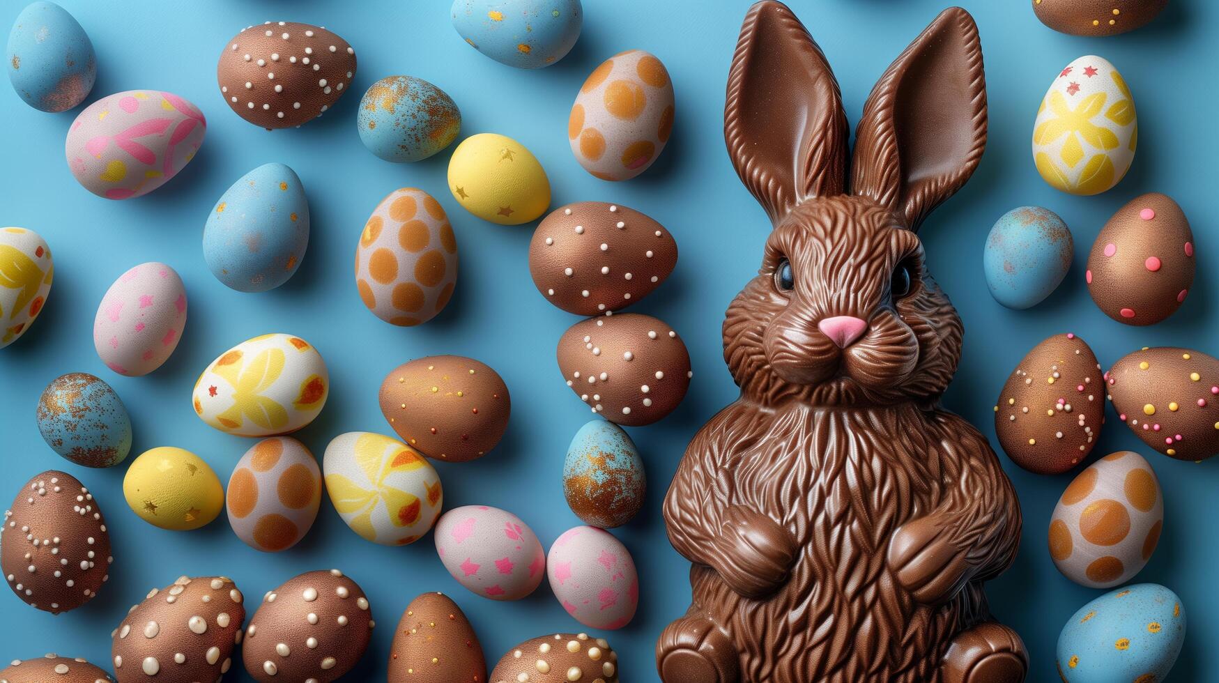 Easter composition - chocolate bunny, colored eggs and candies on blue paper background, top view photo