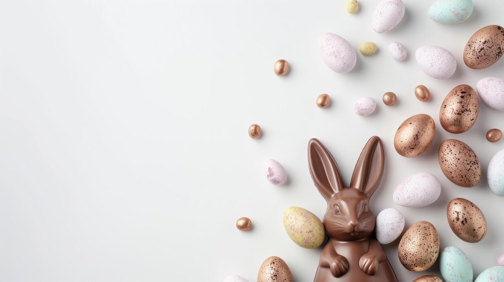 Easter composition - chocolate bunny, colored eggs and candies on white paper background, top view photo