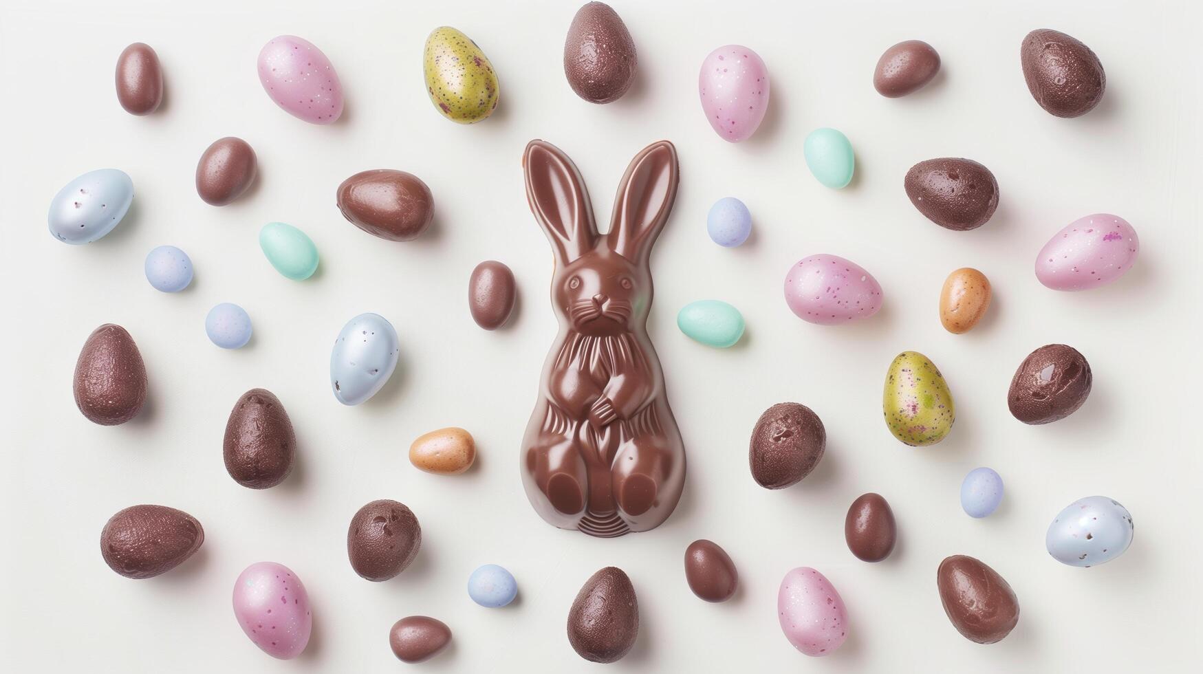 Easter composition - chocolate bunny, colored eggs and candies on white paper background, top view photo