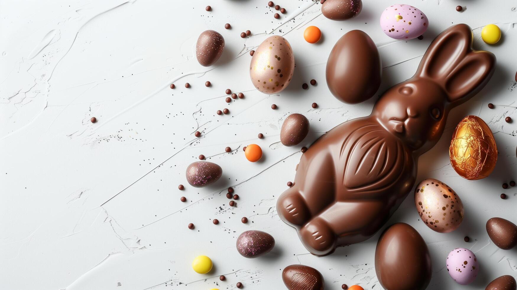 Easter chocolate bunny and colorful bright eggs on stone gray background, top view, copy space photo