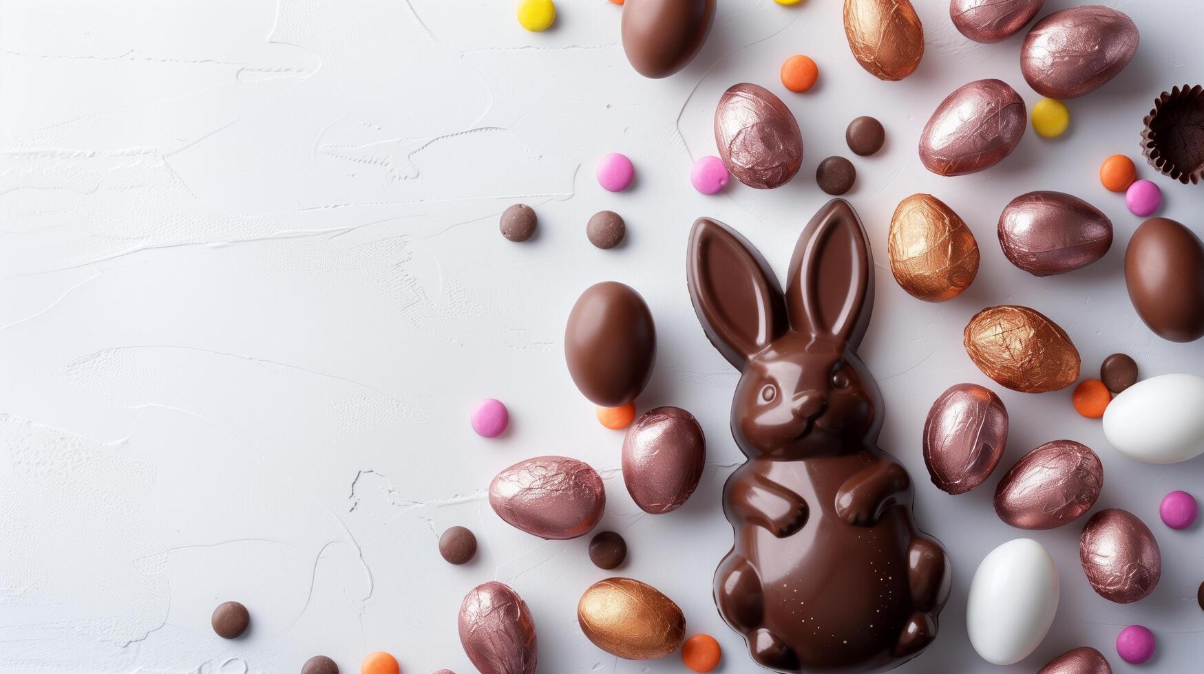 Easter composition - chocolate bunny, colored eggs and candies on white paper background, top view photo