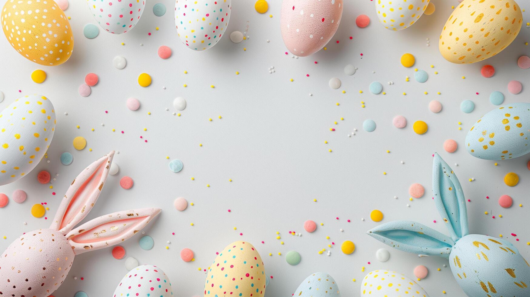 Easter flat lay composition. Bunny ears and Easter eggs on a white background top view photo