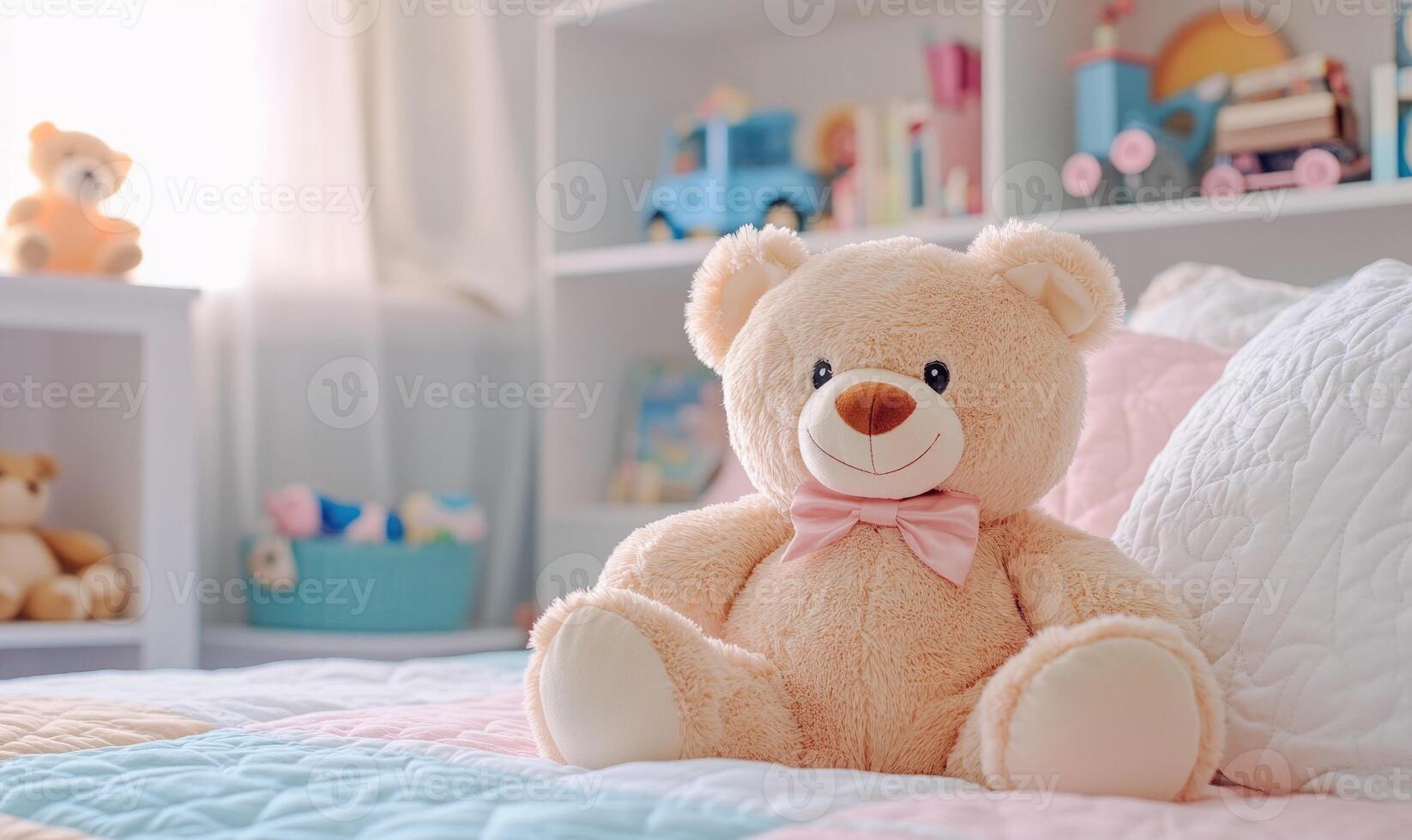 Teddy bear leaning against cushions photo