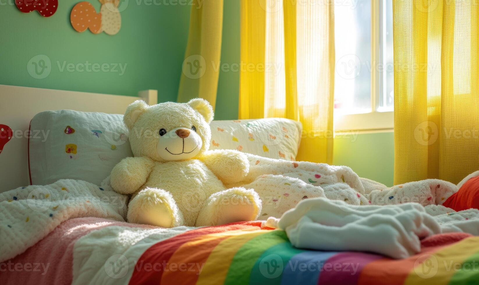 Plush bear nestled in blankets, rainbow-themed bedding, soft green walls photo
