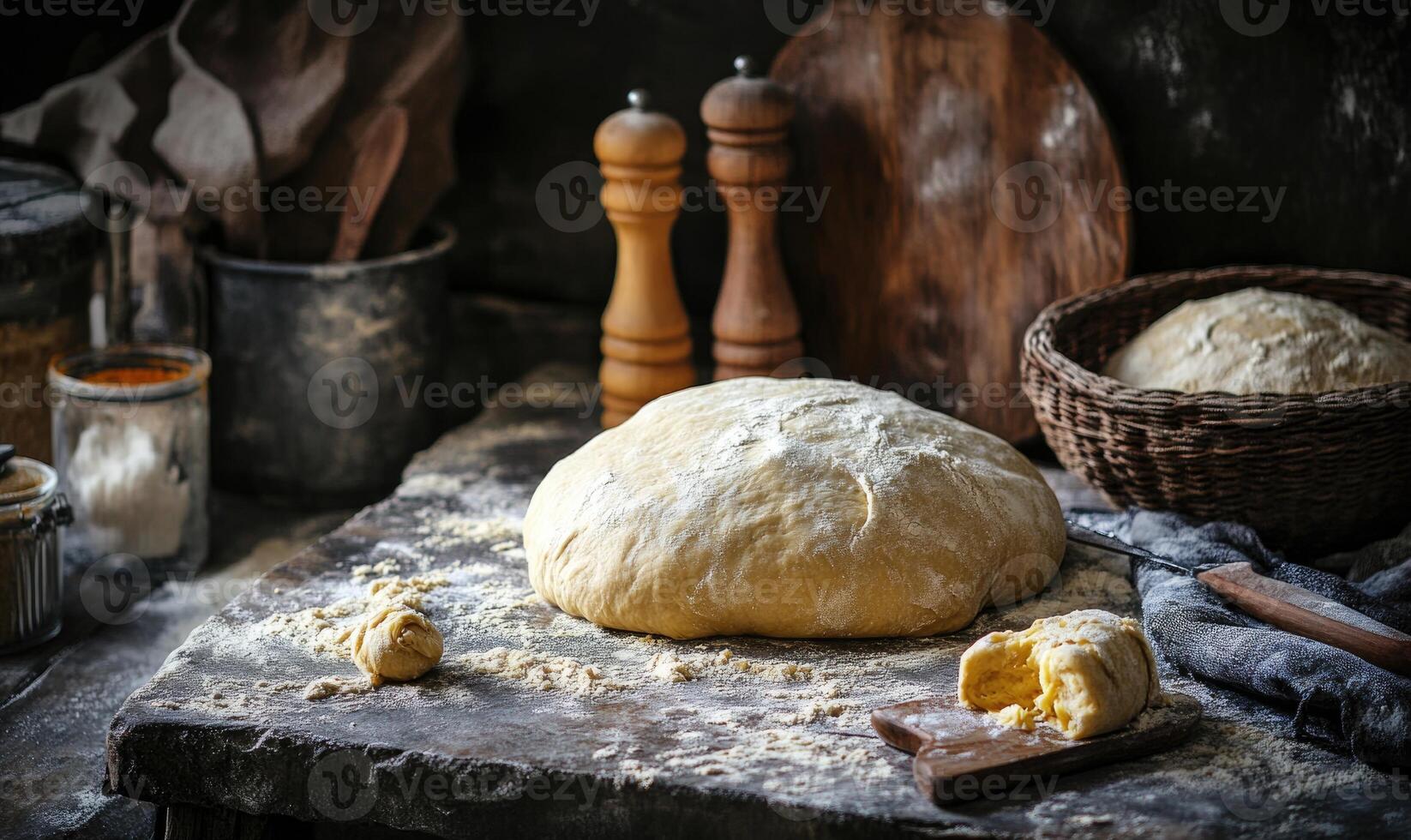 Unshaped bread dough on a stone table, rustic kitchen photo