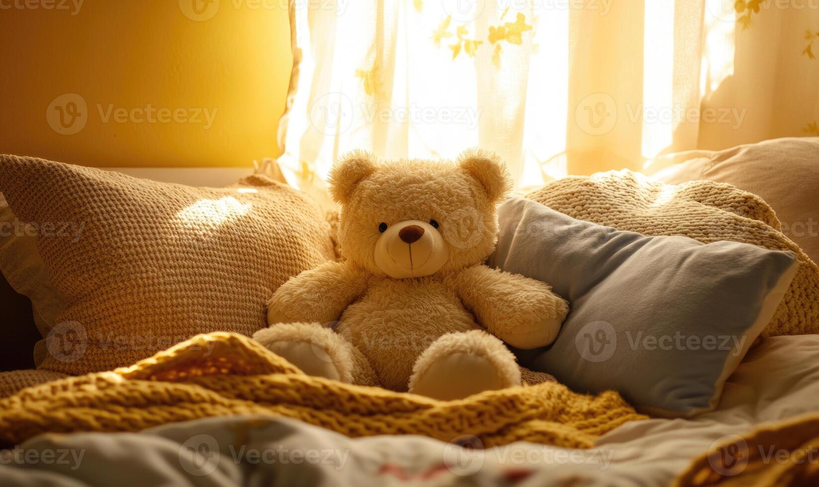 Plush bear surrounded by pillows, cozy knitted blanket photo