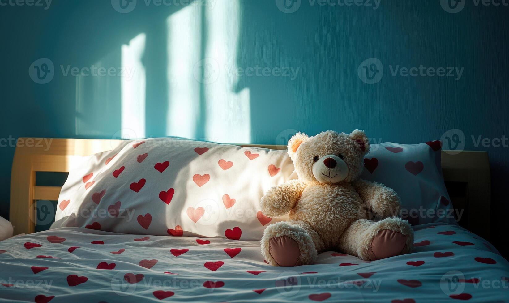 Plush bear nestled in pillows, cozy knitted blanket, soft blue walls photo