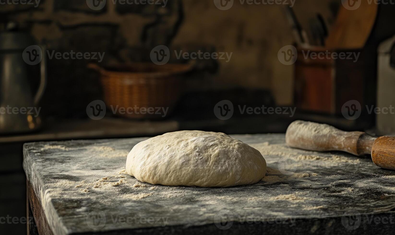 Unshaped bread dough on a stone table, rustic kitchen photo