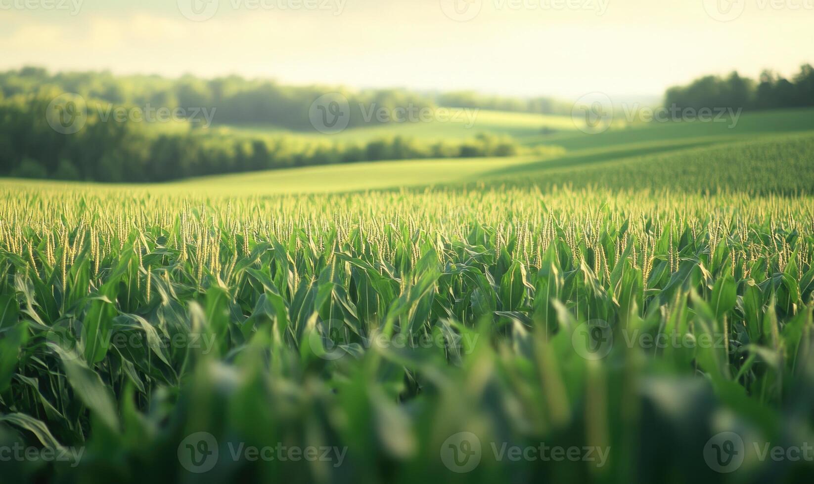 Serene cornfield, endless rows, lush green, soft breeze photo