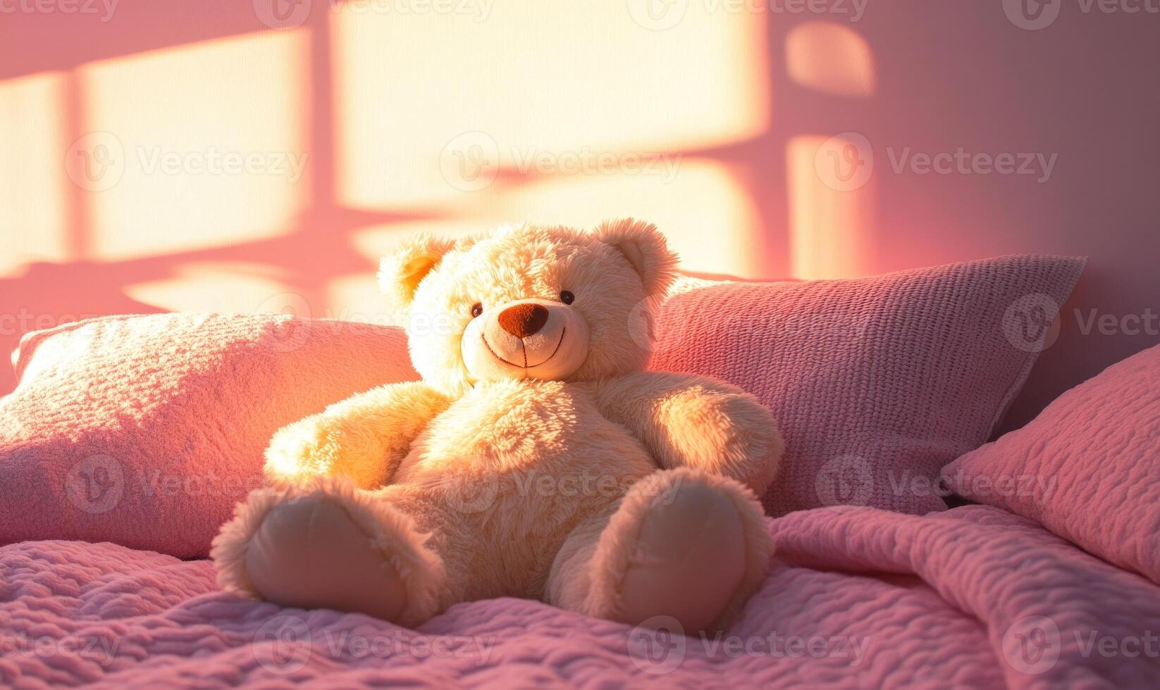 Plush bear surrounded by pillows, cozy knitted blanket photo