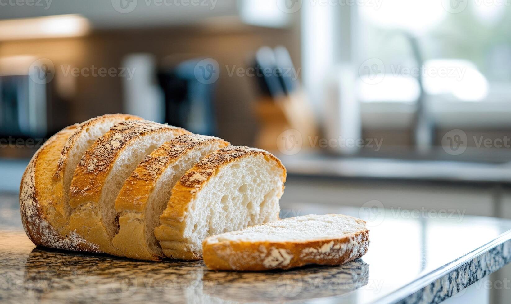 Sliced bread on a granite countertop, contemporary kitchen photo