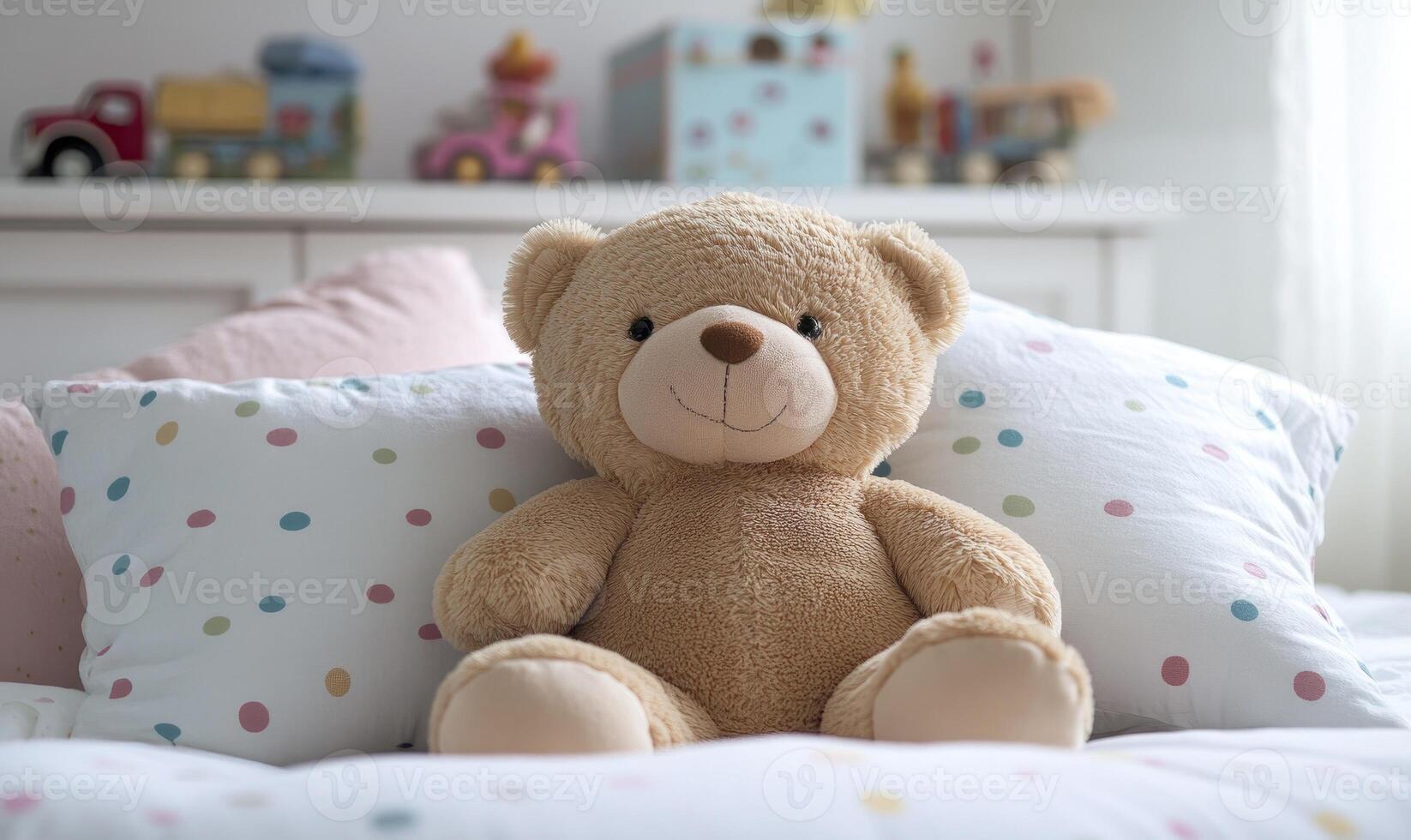 Teddy bear leaning against cushions photo