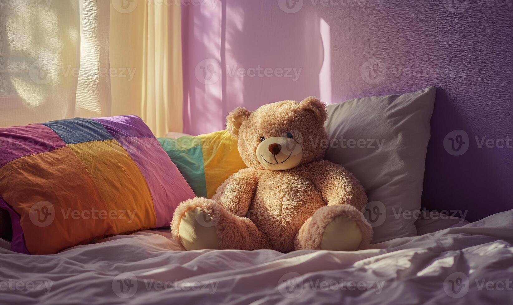 Plush bear nestled in cozy bedding, rainbow pillows photo
