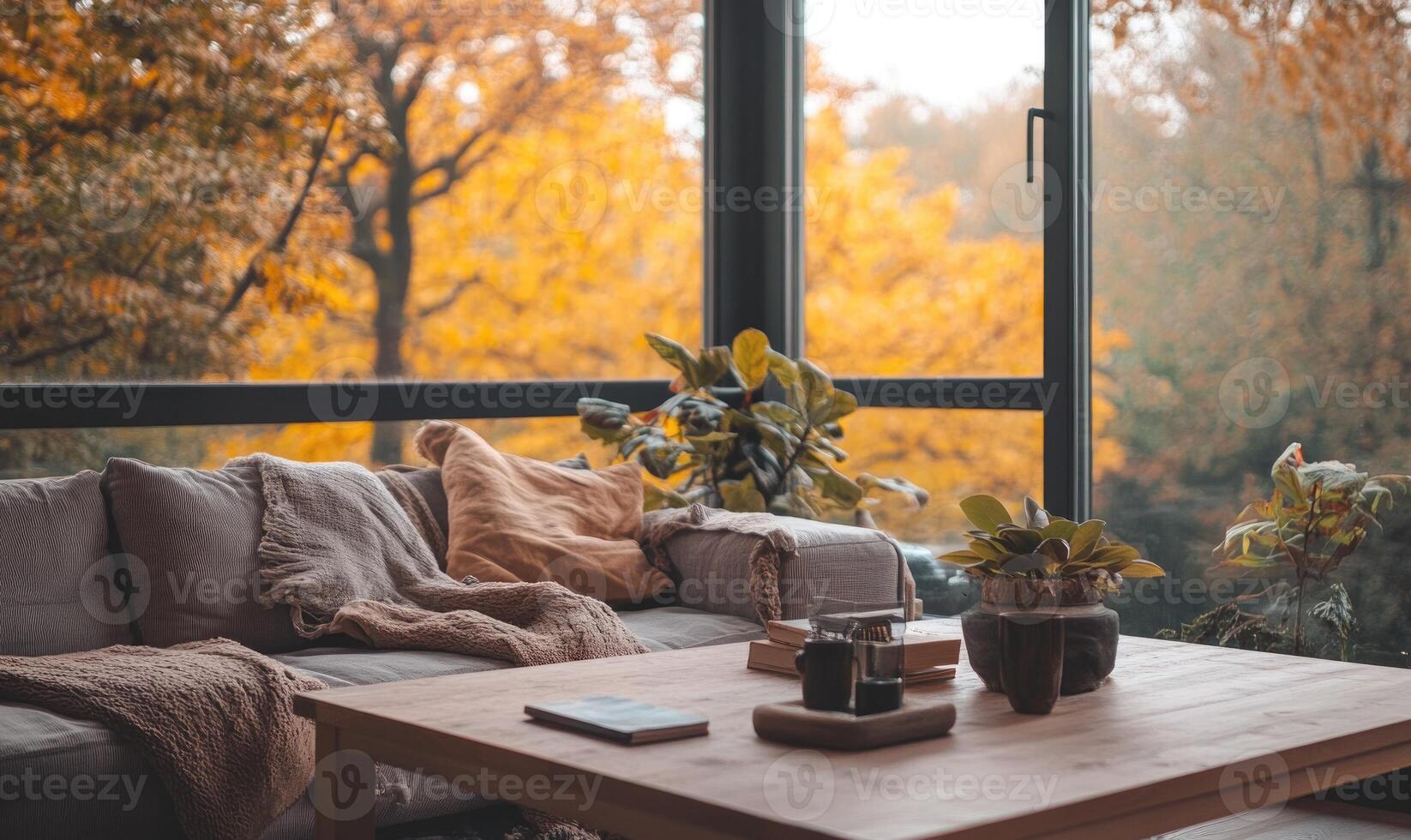 Scandinavian living room, neutral tones, light wood decor photo