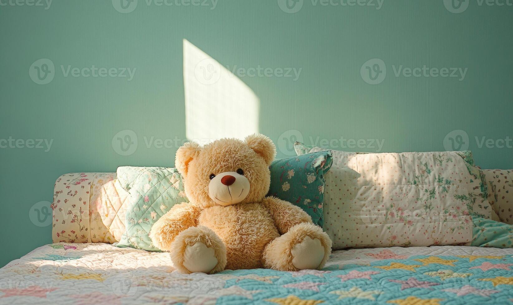 Plush teddy bear nestled in pillows, cozy knitted blanket photo